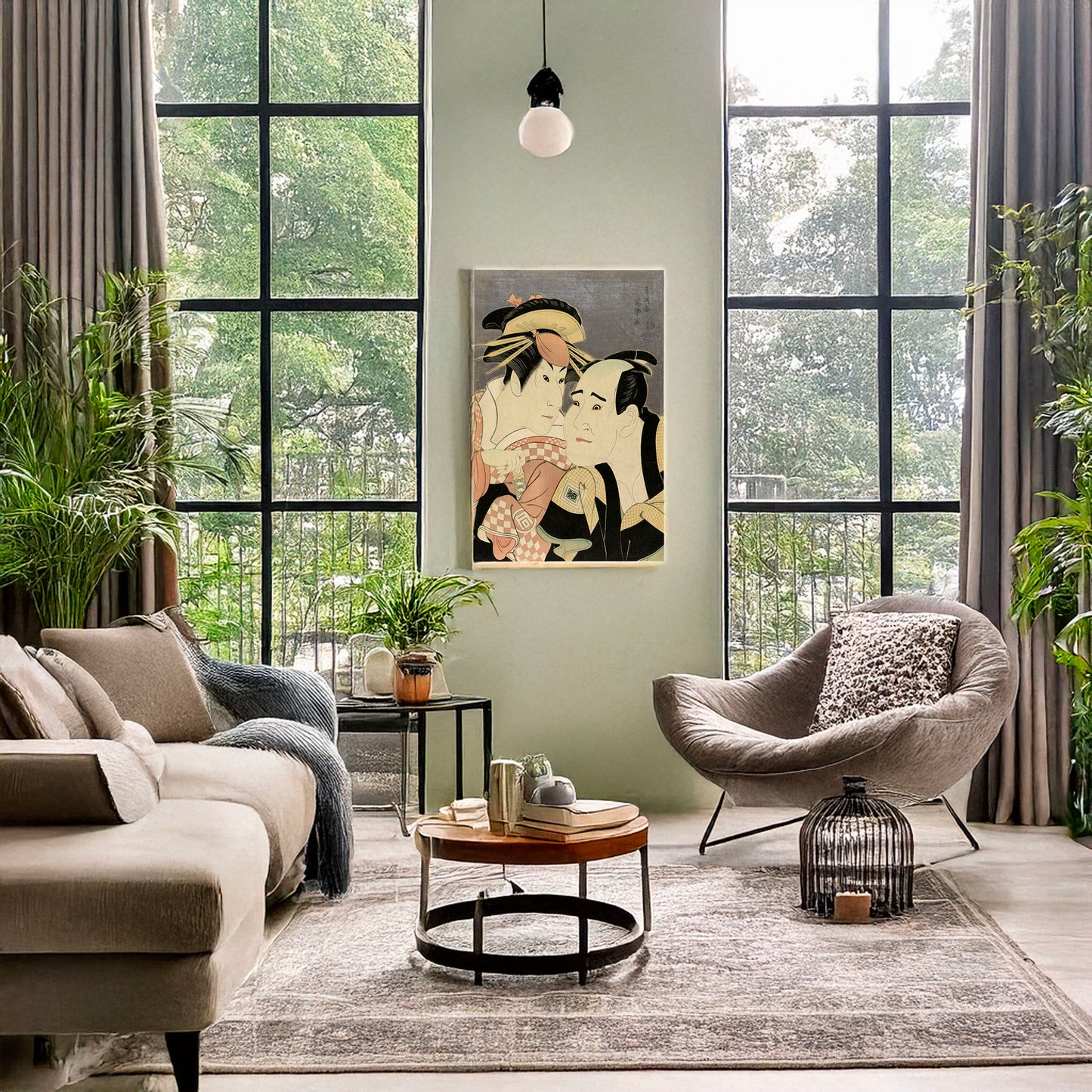 A picture of Sandaime sanogawa ichimatsu (no gionmachi no hakujin onayo to) ichikawa tomiemon (no kanisaka tōma), a mockup of the print leaning against a wall