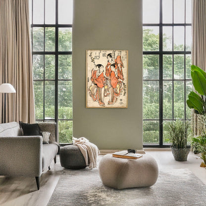 A picture of Sangatsuyayoi? hanazumō shigatsuuduki? shaka tanjō, a mockup of the print leaning against a wall