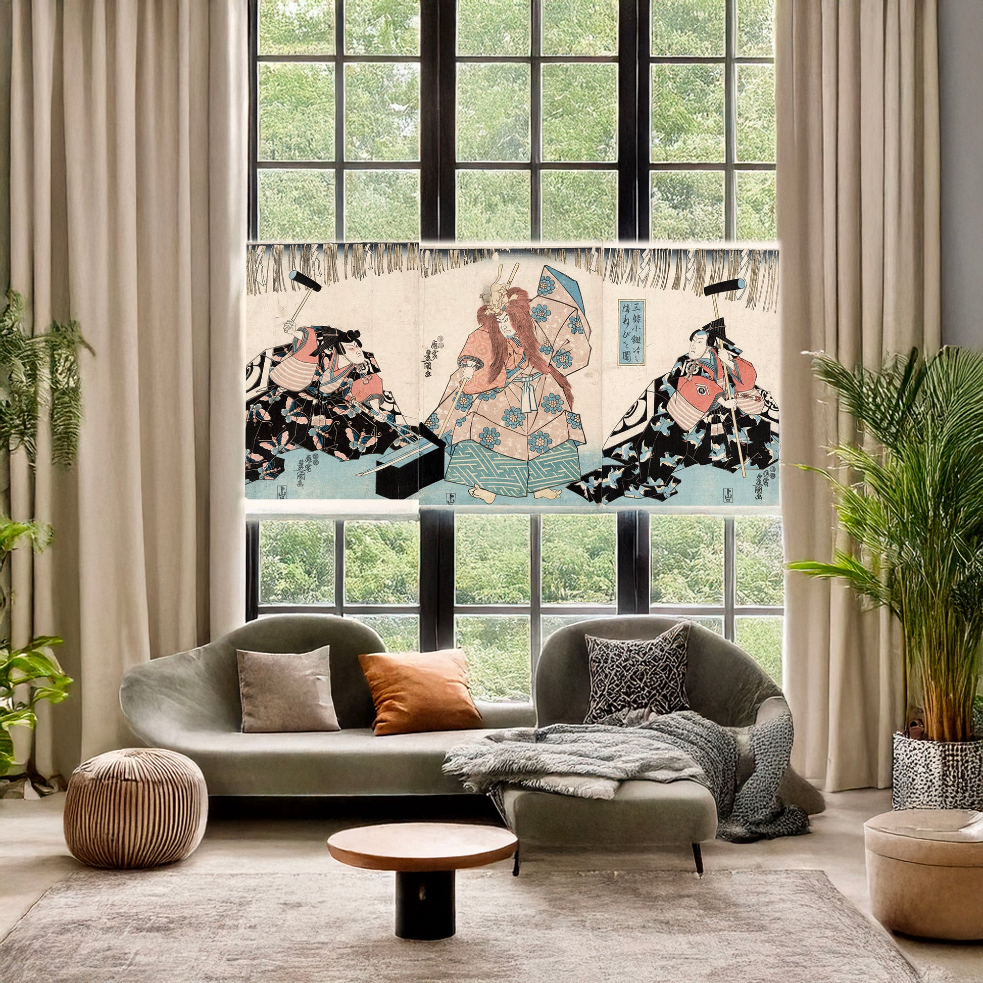 A picture of Sanjō Kokaji no manebigoto zu, a mockup of the print leaning against a wall