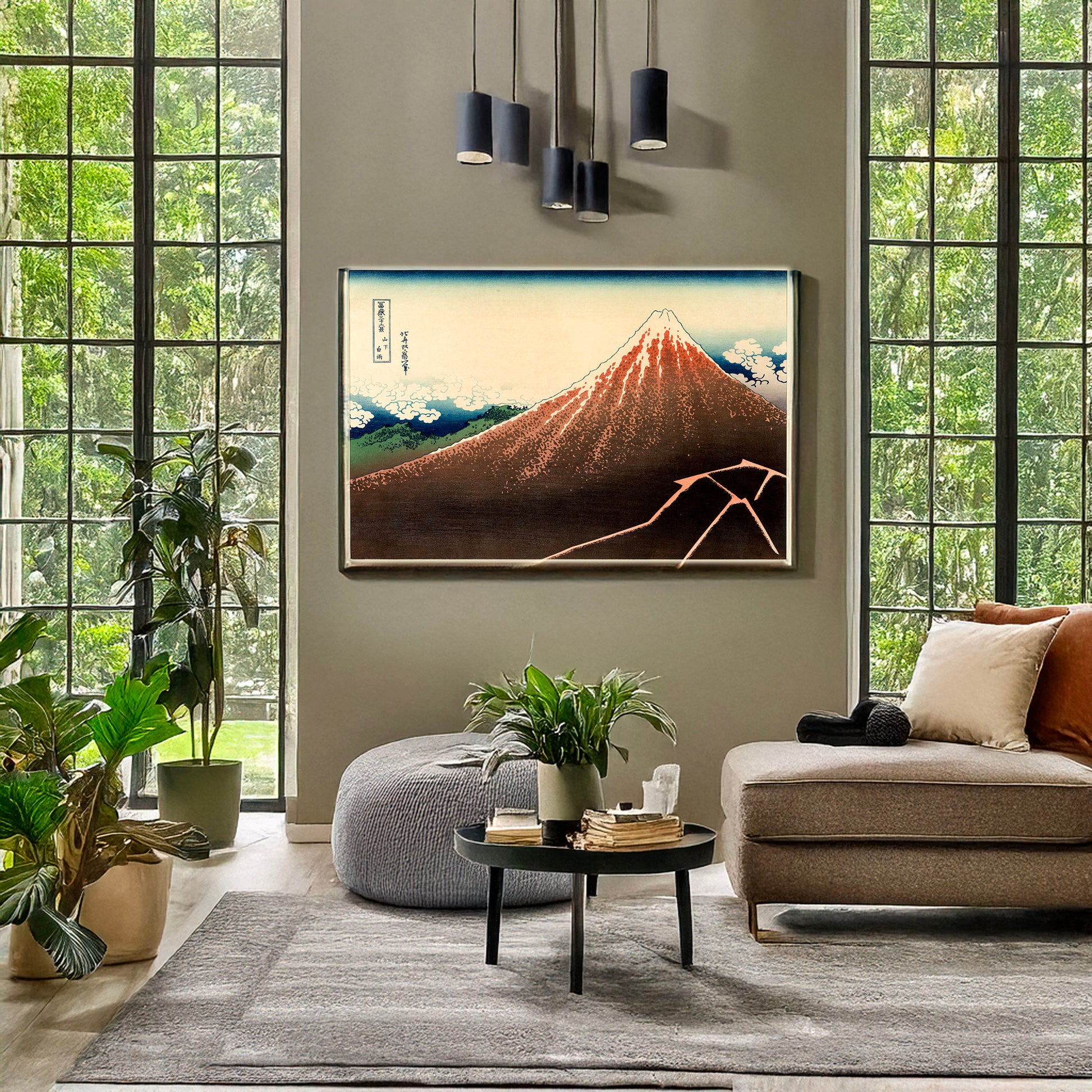 A picture of Sanka hakū, a mockup of the print leaning against a wall