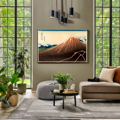 A picture of Sanka hakū, a mockup of the print leaning against a wall