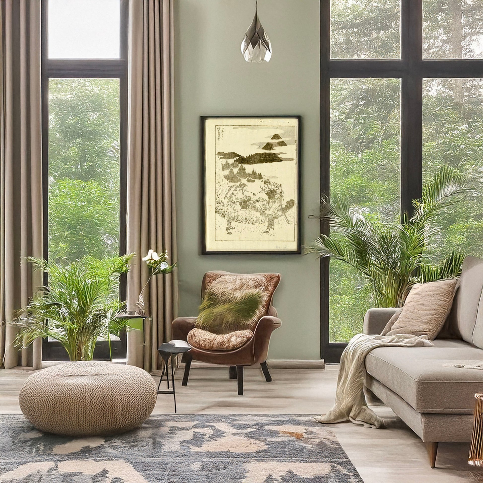 A picture of Sanki fukaku katachi o kuzusu no fuji, a mockup of the print leaning against a wall