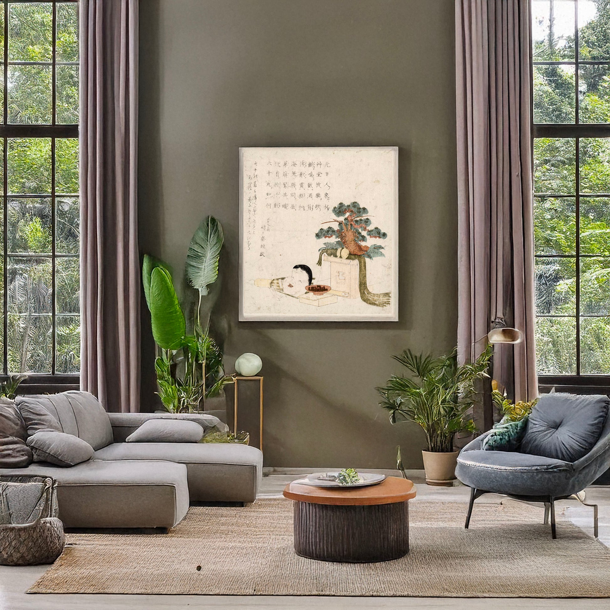 A picture of Sanpoukazari to otafuku no men, a mockup of the print leaning against a wall