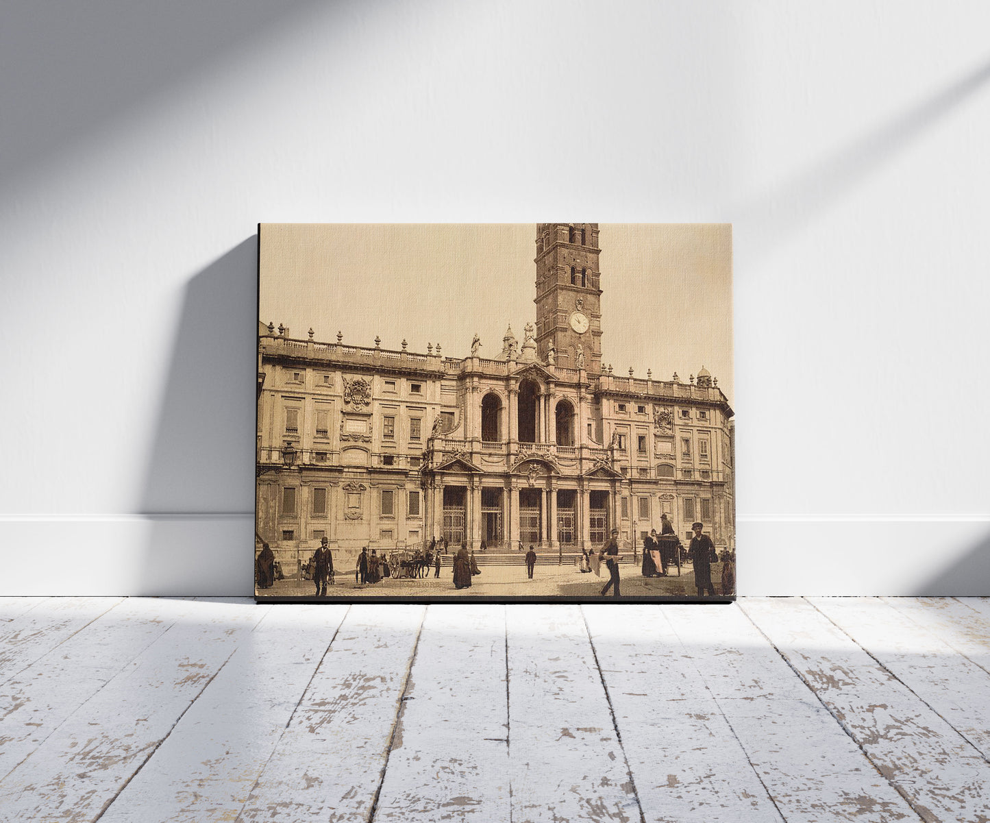 A picture of Santa Maria Maggiore, Rome, Italy, a mockup of the print leaning against a wall