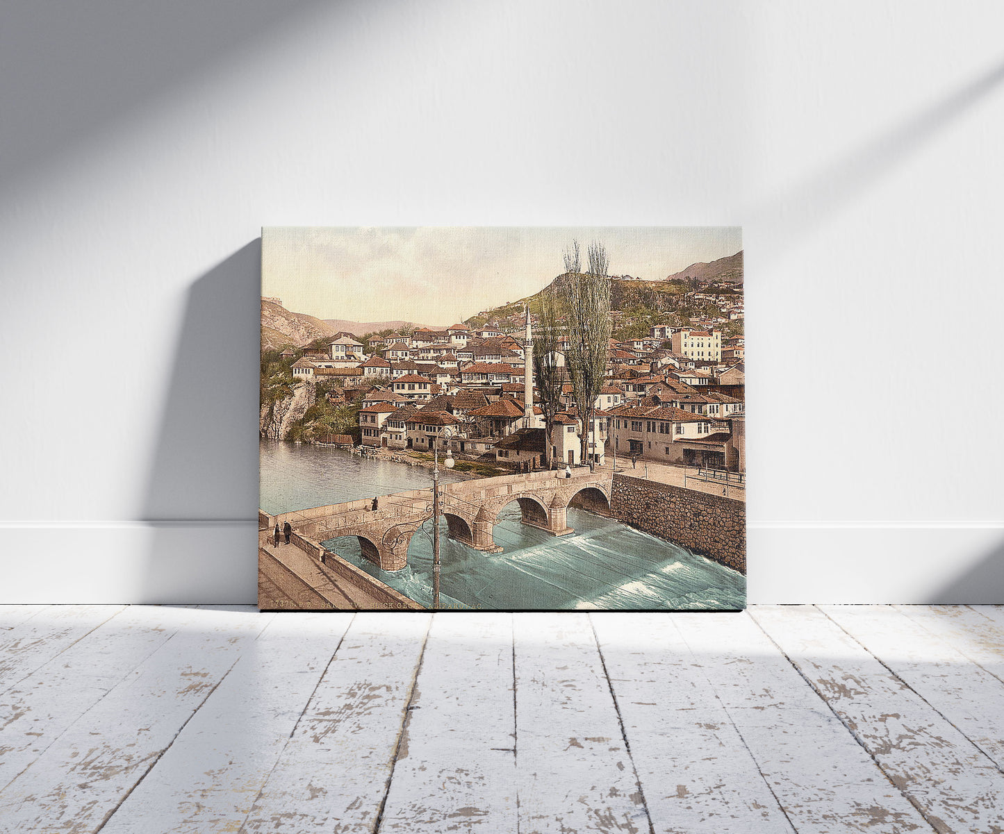 A picture of Sarajcvo (i.e., Sarajevo), looking toward Alifakovak, Bosnia, Austro-Hungary, a mockup of the print leaning against a wall