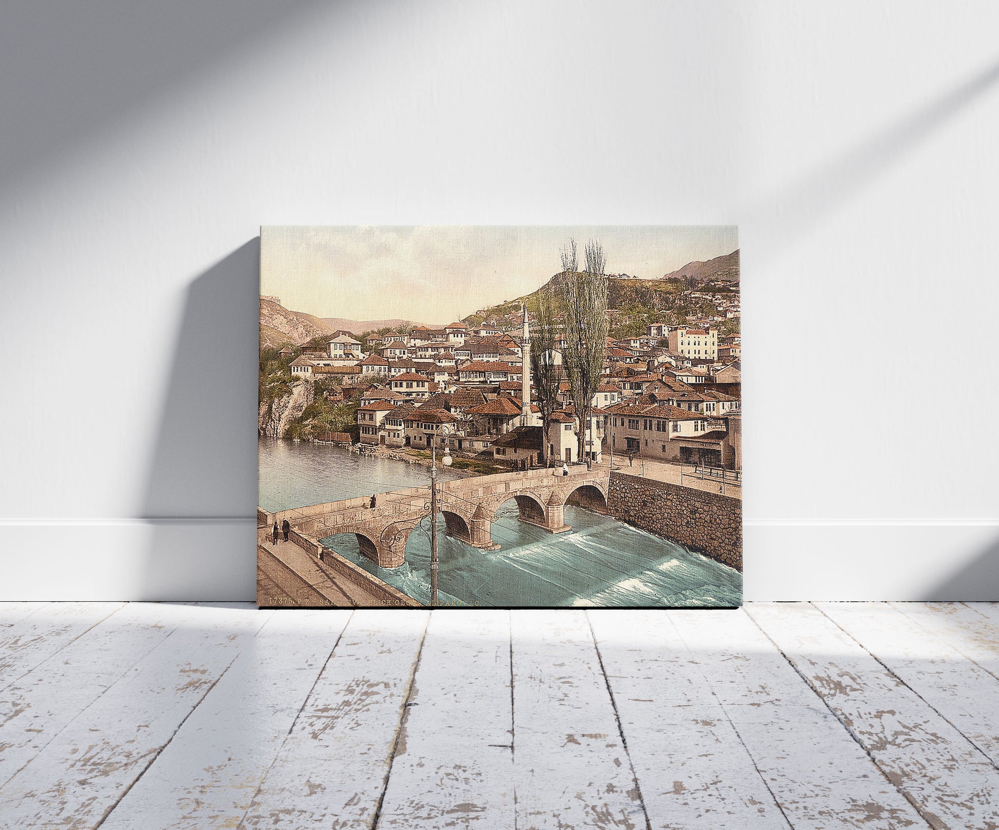 A picture of Sarajcvo (i.e., Sarajevo), looking toward Alifakovak, Bosnia, Austro-Hungary, a mockup of the print leaning against a wall