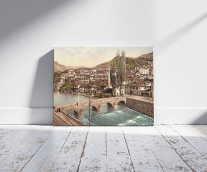 A picture of Sarajcvo (i.e., Sarajevo), looking toward Alifakovak, Bosnia, Austro-Hungary, a mockup of the print leaning against a wall