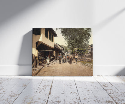 A picture of Sarajcvo (i.e., Sarajevo), Turkenviertal, Bosnia, Austro-Hungary, a mockup of the print leaning against a wall