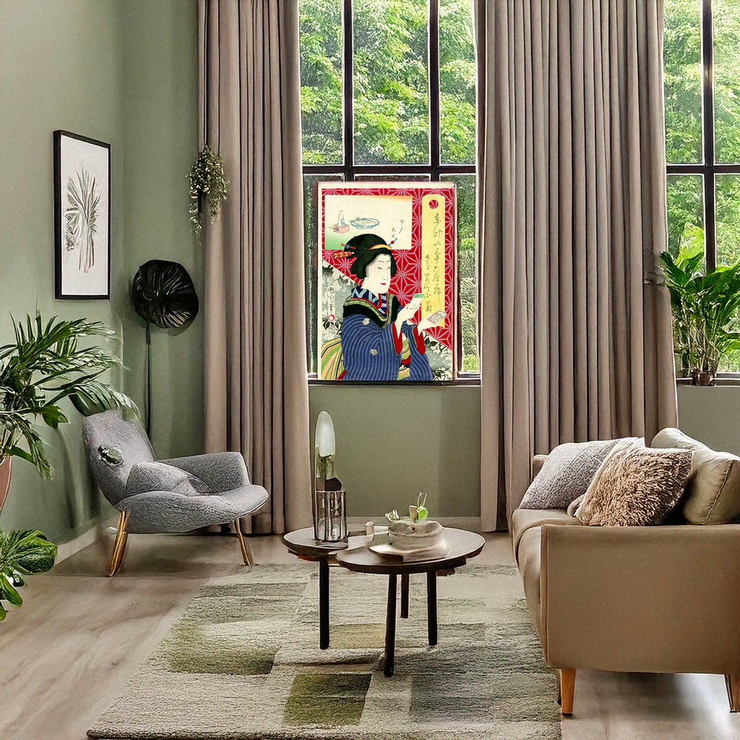 A picture of Saruwaka-cho Kogiku, a mockup of the print leaning against a wall