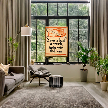 A picture of Save a loaf a week - help win the war, a mockup of the print leaning against a wall