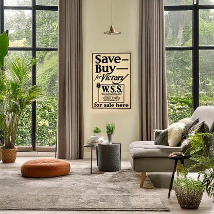A picture of Save - Buy - for victory--W.S.S. for sale here War Savings Stamps issued by the United States Government., a mockup of the print leaning against a wall