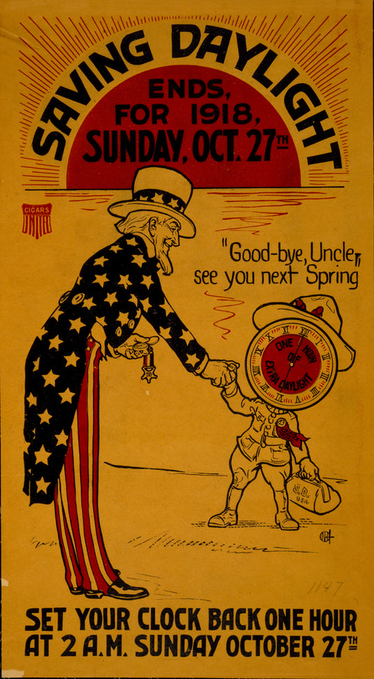 A picture of Saving daylight ends, for 1918, Sunday, Oct. 27th Set your clock back one hour at 2 A.M. Sunday October 27th.
