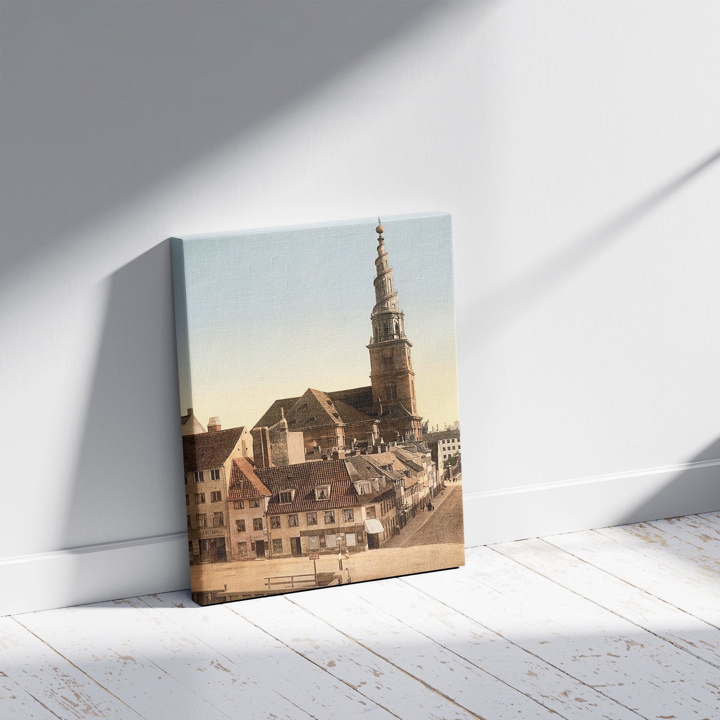 A picture of Saviour Church, Copenhagen, Denmark, a mockup of the print leaning against a wall