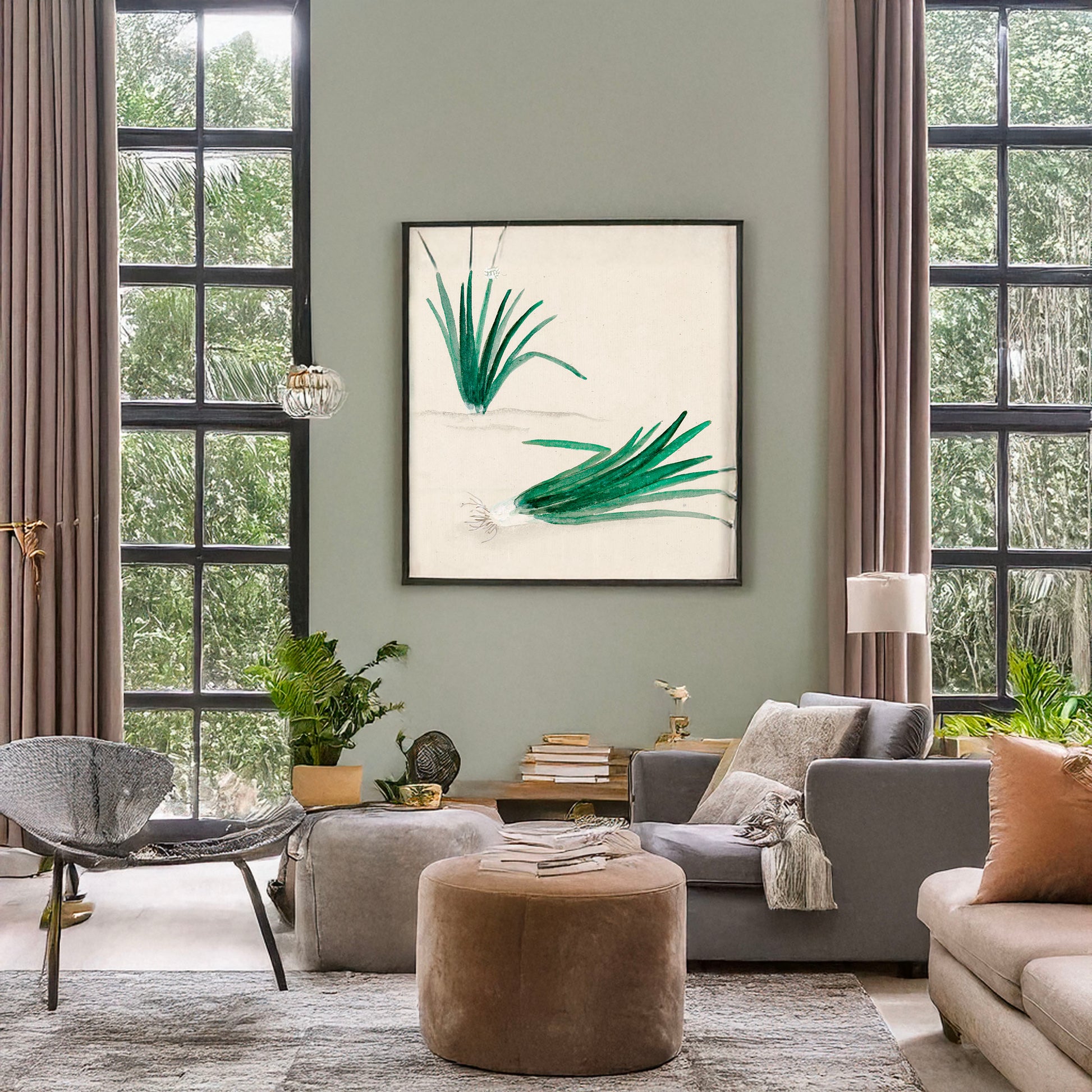 A picture of Scallions with plant growing in the background, a mockup of the print leaning against a wall