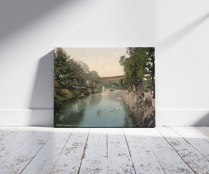 A picture of Scarborough, from below Valley Bridge, Yorkshire, England, a mockup of the print leaning against a wall