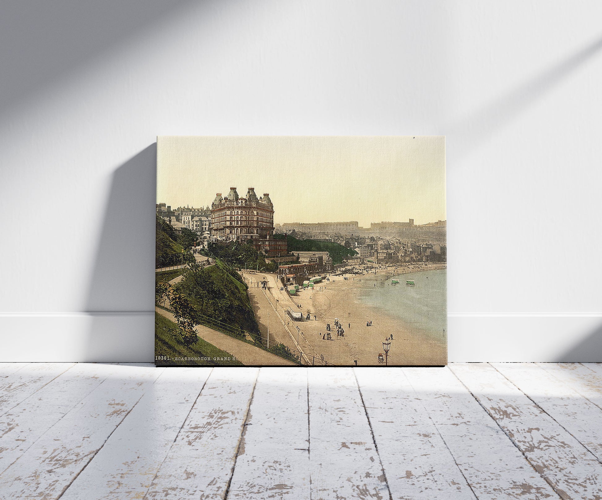 A picture of Scarborough, Grand Hotel, Yorkshire, England, a mockup of the print leaning against a wall