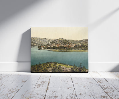 A picture of Scardona, upon the Kerka, Dalmatia, Austro-Hungary, a mockup of the print leaning against a wall