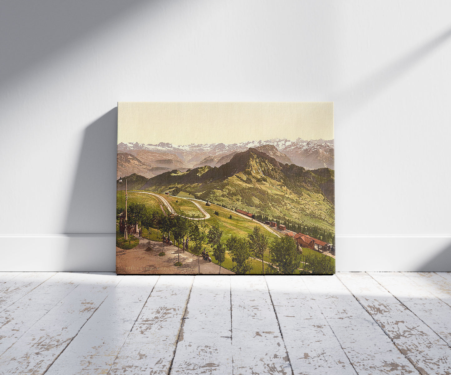 A picture of Scheidegg, general view, Rigi, Switzerland, a mockup of the print leaning against a wall