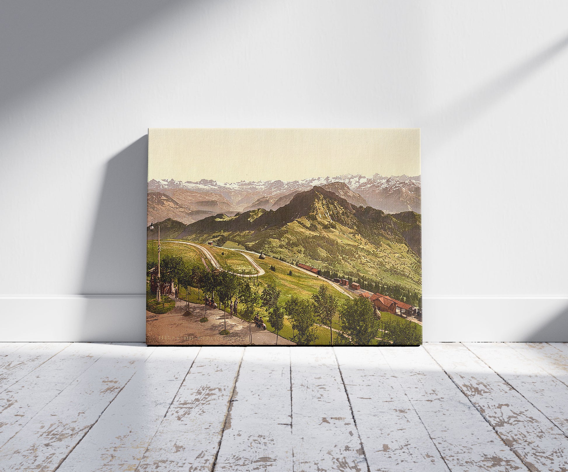 A picture of Scheidegg, general view, Rigi, Switzerland, a mockup of the print leaning against a wall