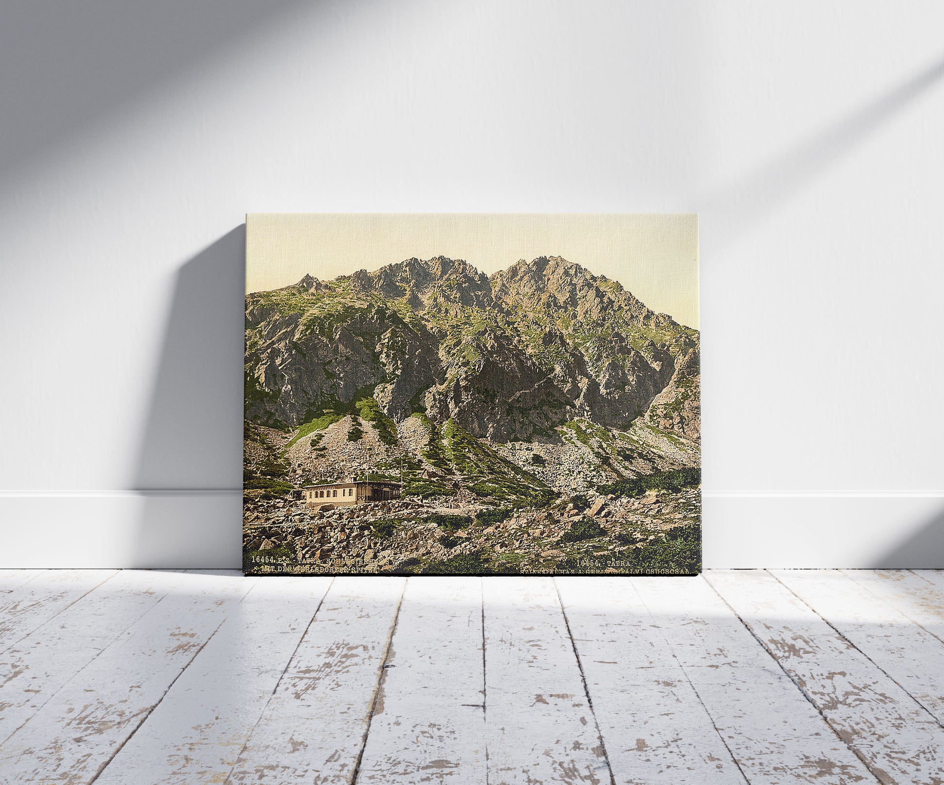 A picture of Schlesierhaus and Gerlsdorfer Spitze, Tatra, Austro-Hungary, a mockup of the print leaning against a wall