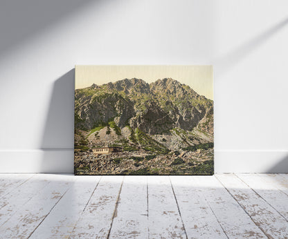 A picture of Schlesierhaus and Gerlsdorfer Spitze, Tatra, Austro-Hungary, a mockup of the print leaning against a wall
