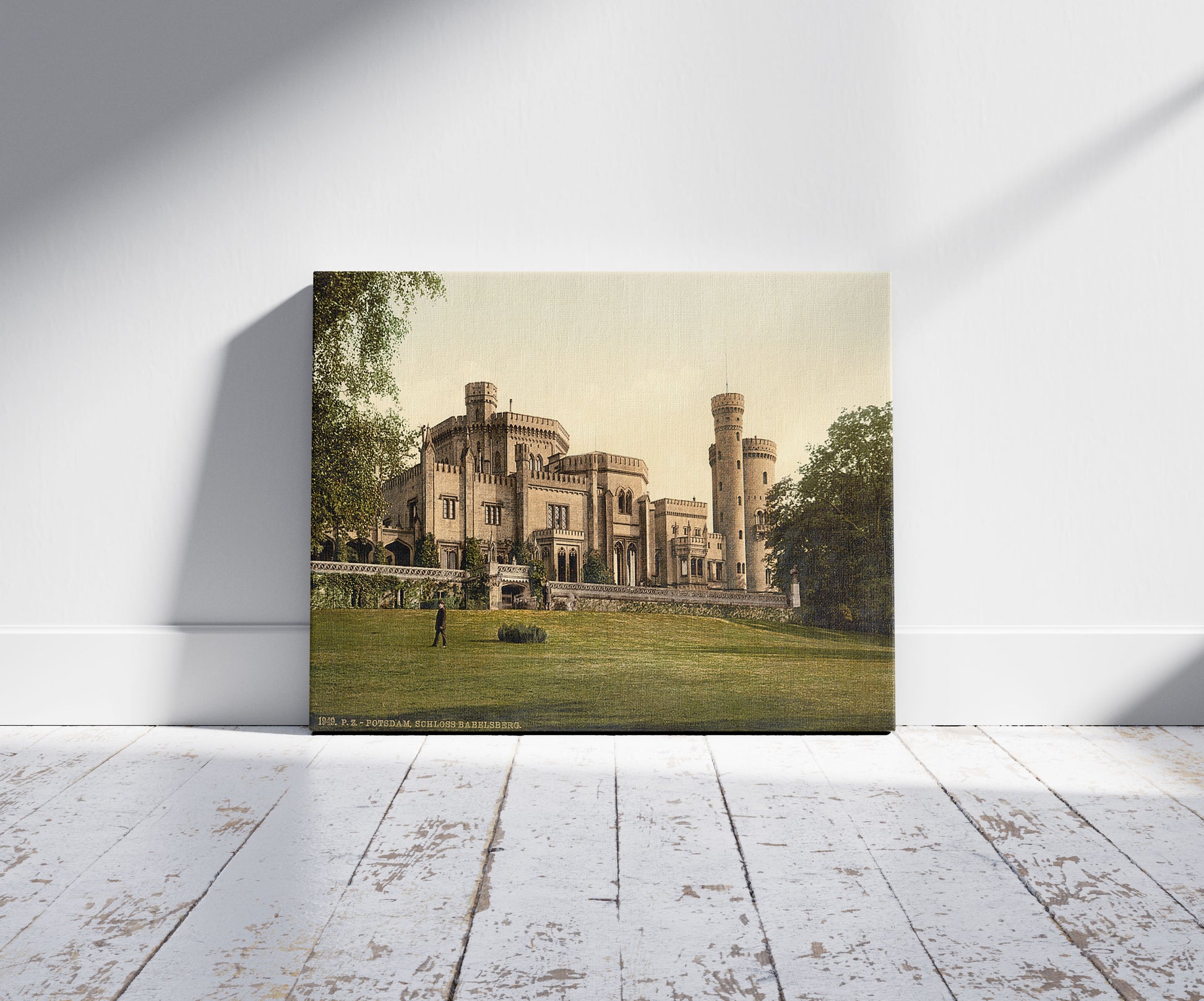 A picture of Schloss Babelsberg, Potsdam, Berlin, Germany, a mockup of the print leaning against a wall