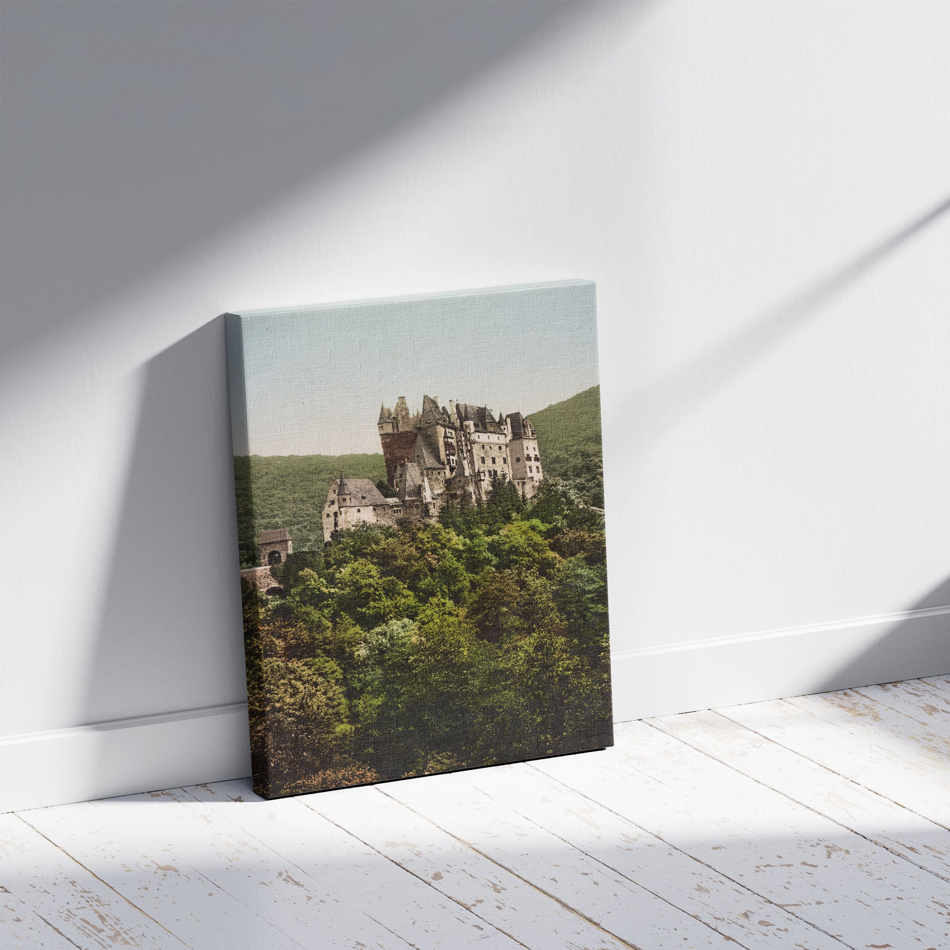 A picture of Schloss Elz im Moseltal, a mockup of the print leaning against a wall