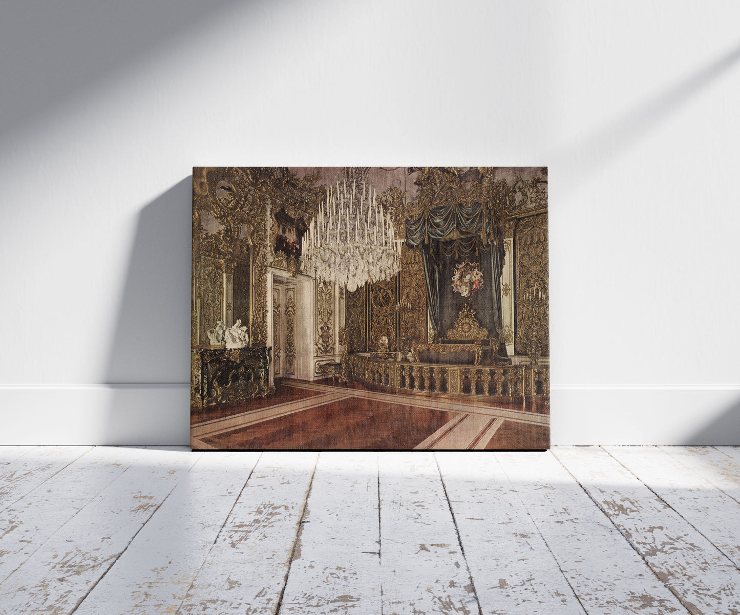 A picture of Schloss Linderhof. Schlafzimmer, a mockup of the print leaning against a wall