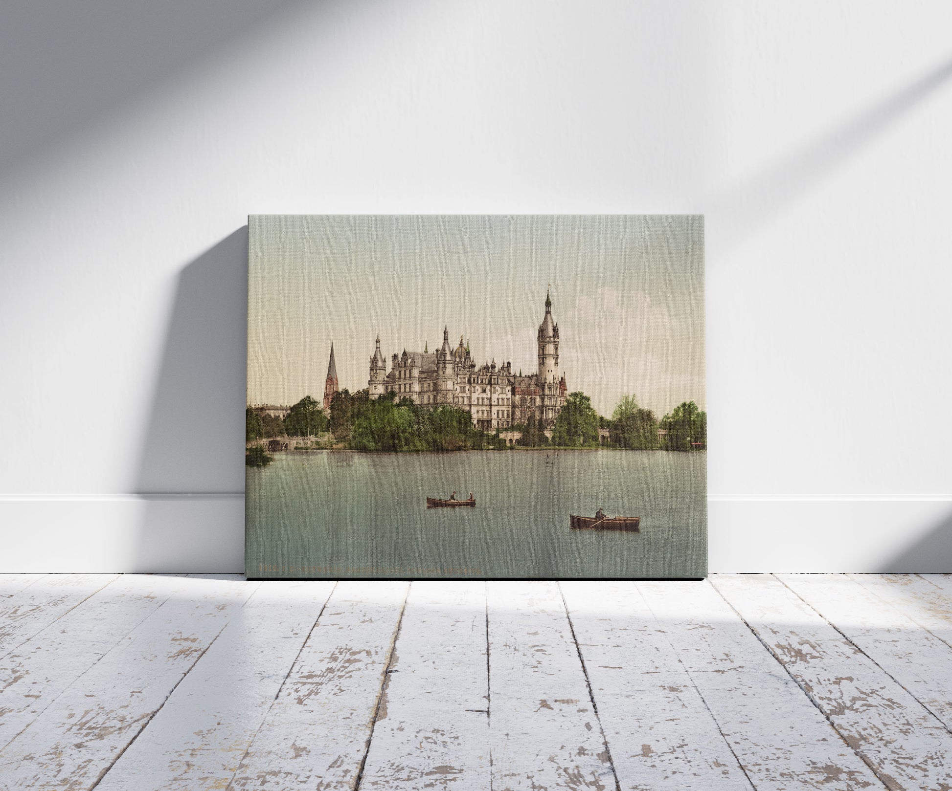 A picture of Schwerin. Grossherzogl.  Schloss. Südseite, a mockup of the print leaning against a wall