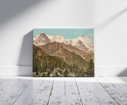 A picture of Schynige Platte, Eiger, Monch and Jungfrau, Bernese Oberland, Switzerland, a mockup of the print leaning against a wall