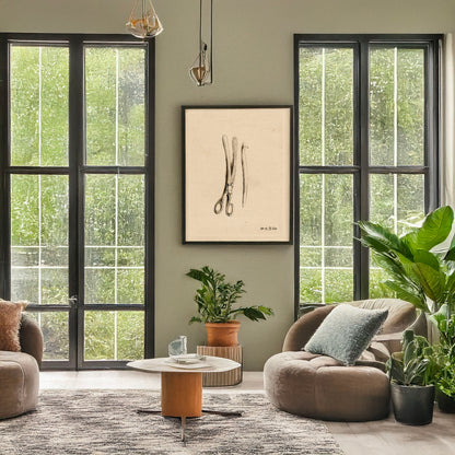 A picture of Scissor clamps and hooked probe?, a mockup of the print leaning against a wall
