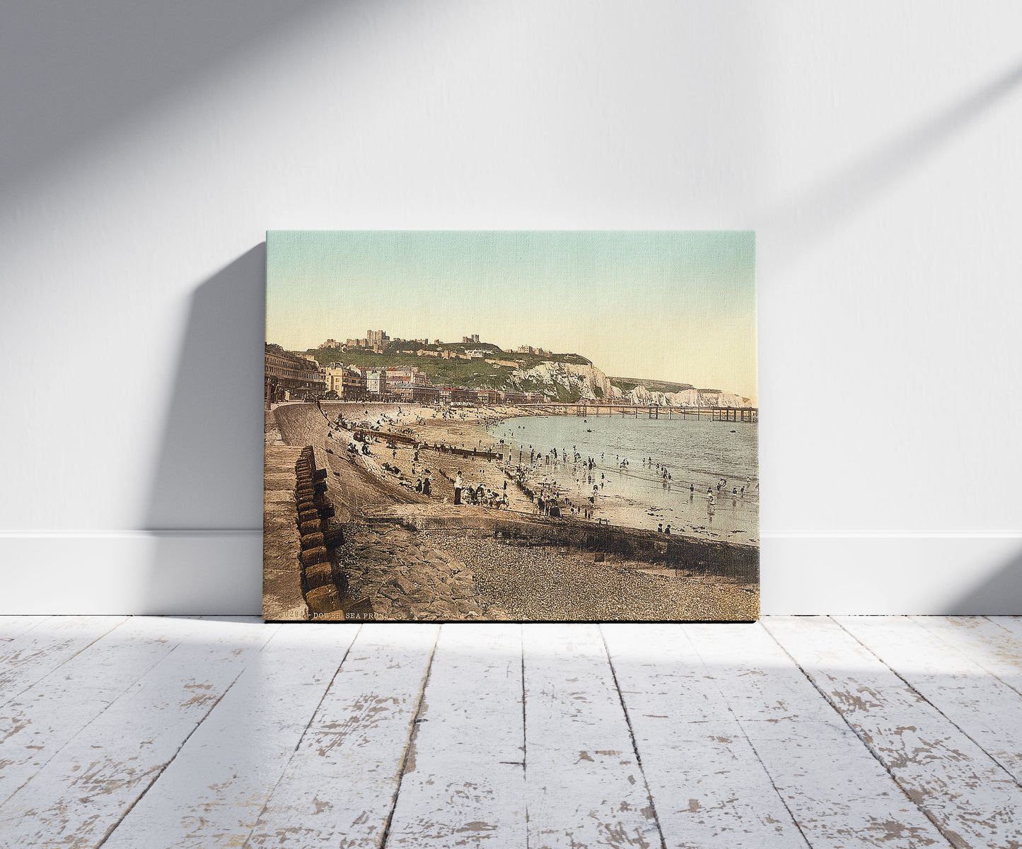 A picture of Sea front, Dover, England, a mockup of the print leaning against a wall