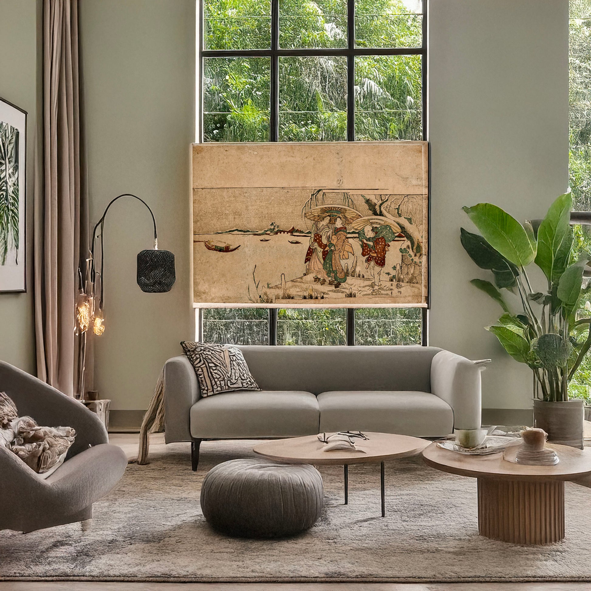 A picture of Secchū sanbashi no geinin, a mockup of the print leaning against a wall