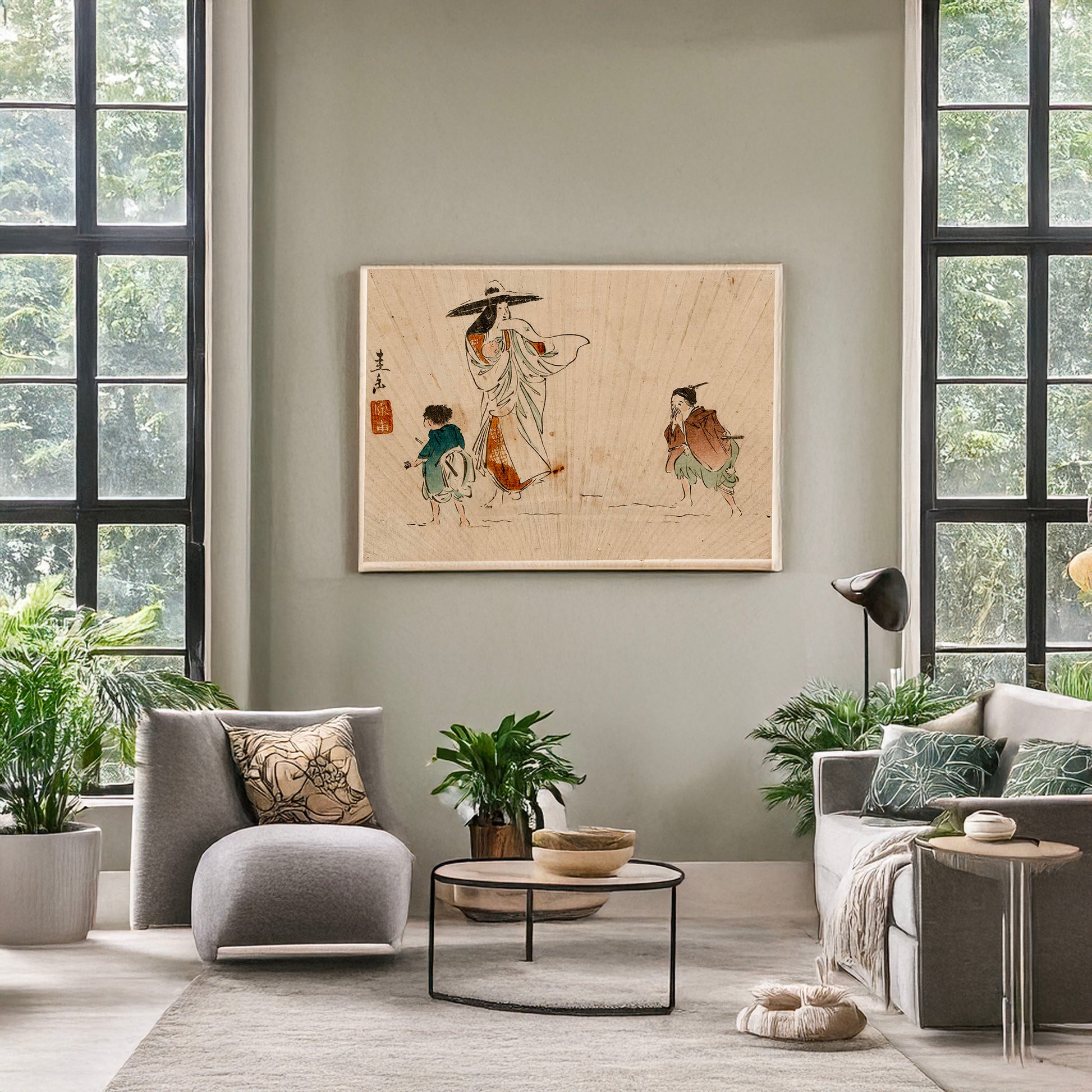 A picture of Secchū tokiwa zu, a mockup of the print leaning against a wall