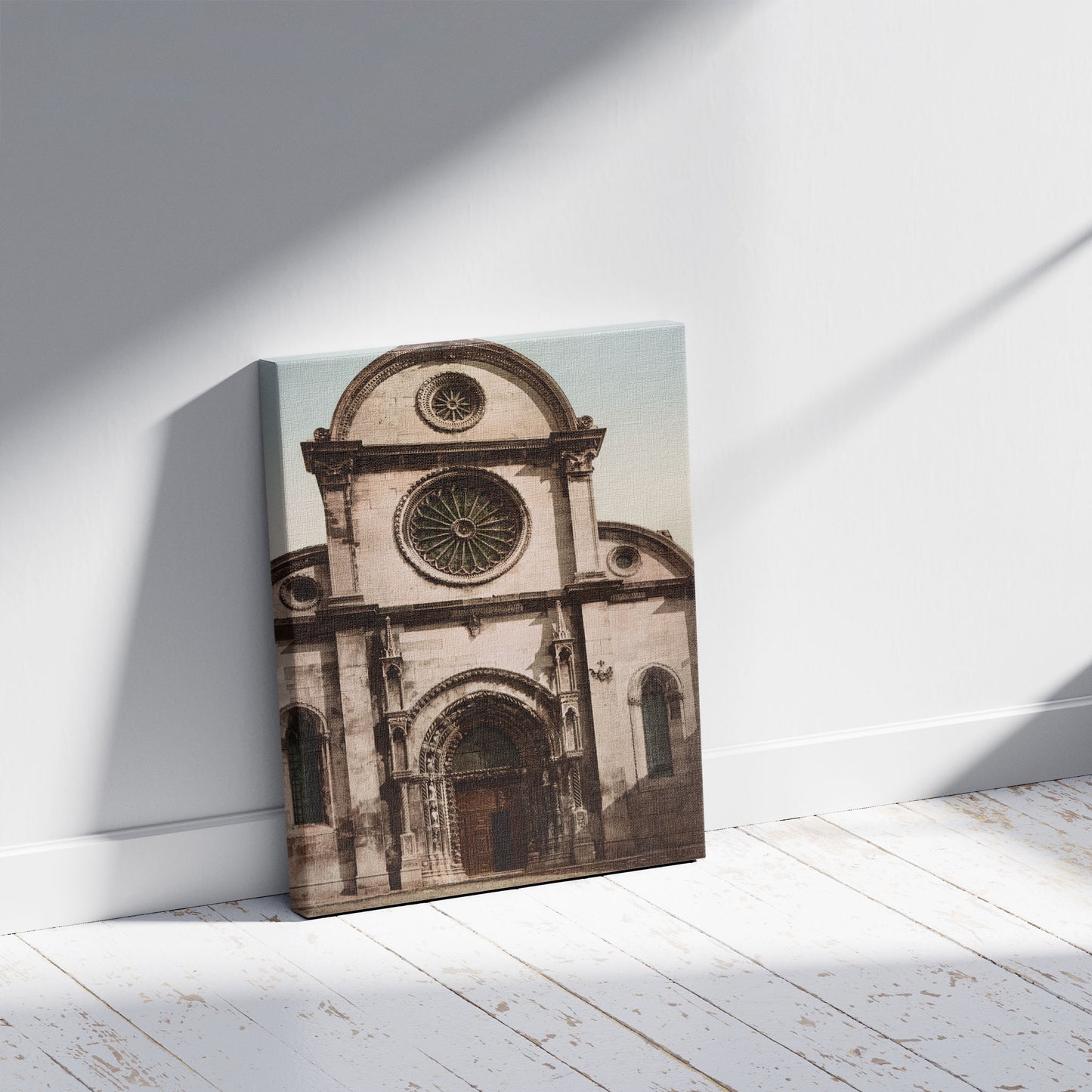 A picture of Sedenica. Facciata del Duomo, a mockup of the print leaning against a wall