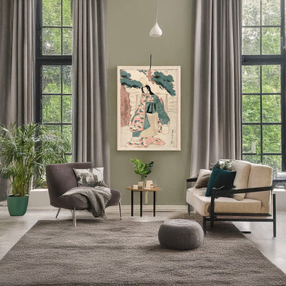 A picture of Segawa Rokō no Matsukaze, a mockup of the print leaning against a wall