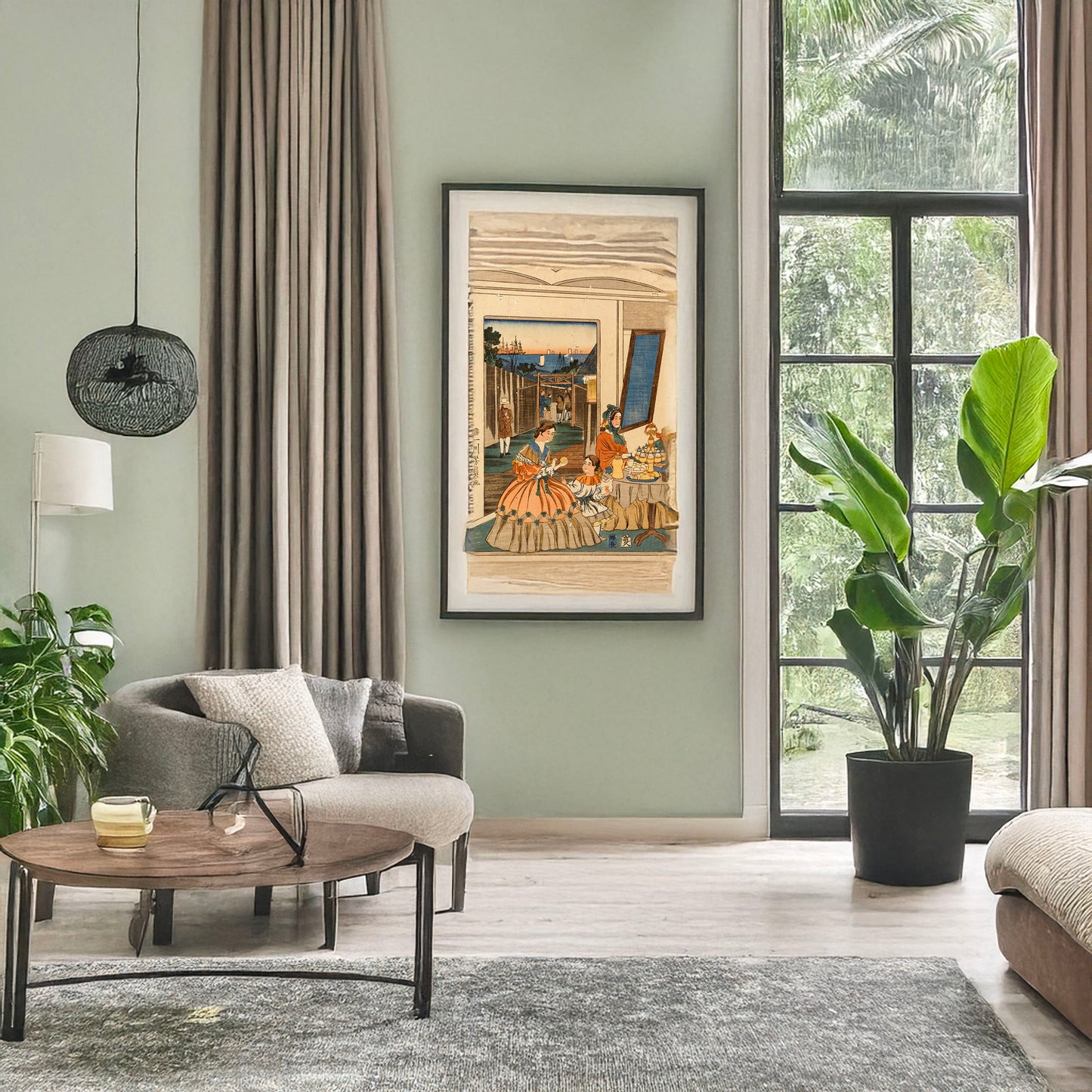 A picture of Seiyōjin shuen no zu, a mockup of the print leaning against a wall