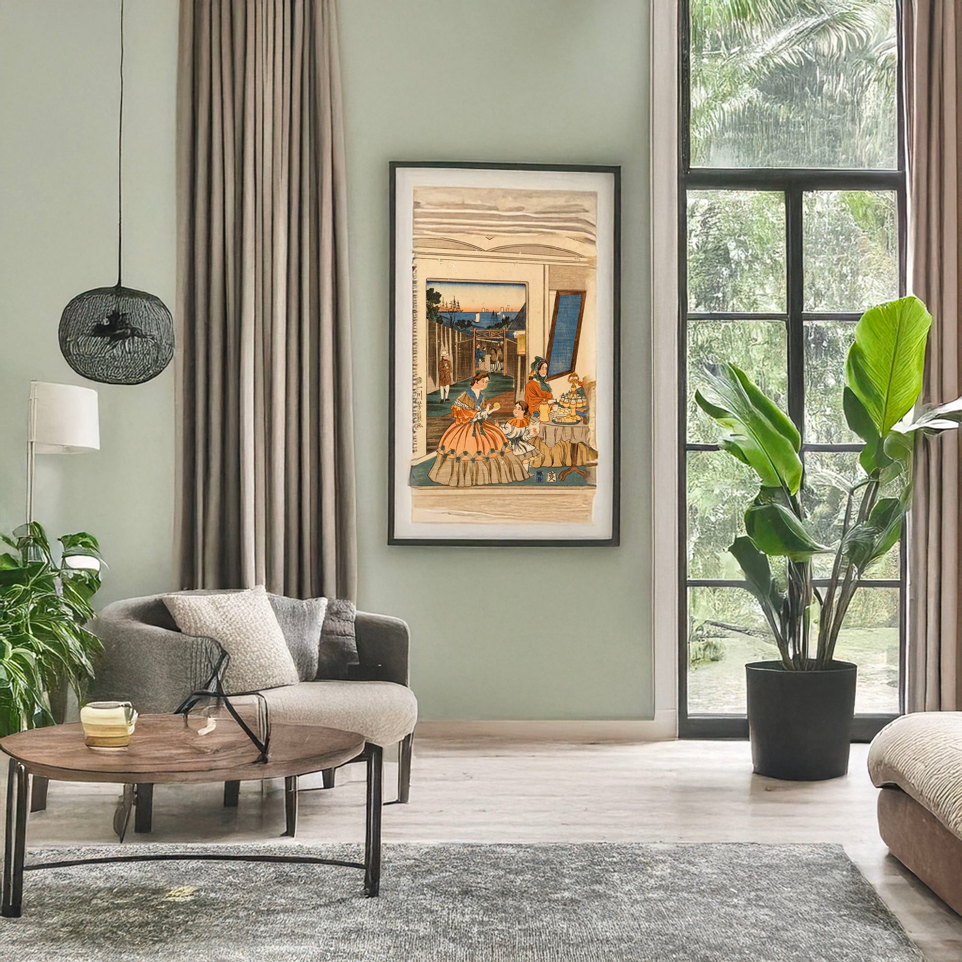 A picture of Seiyōjin shuen no zu, a mockup of the print leaning against a wall