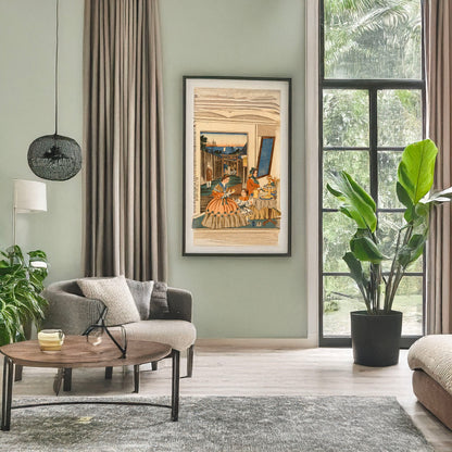 A picture of Seiyōjin shuen no zu, a mockup of the print leaning against a wall
