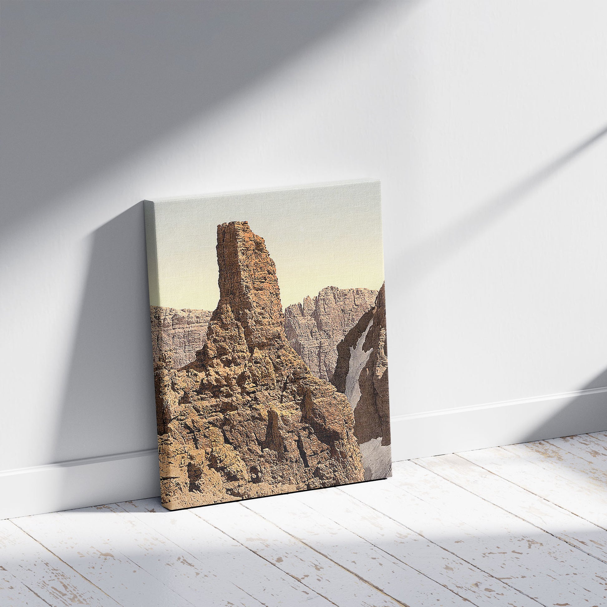 A picture of Sella Group, Bergerturm, Tyrol, Austro-Hungary, a mockup of the print leaning against a wall