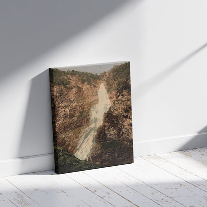 A picture of Selvefos (i.e., Sivlefossen)  Sognefjord area, Norway, a mockup of the print leaning against a wall