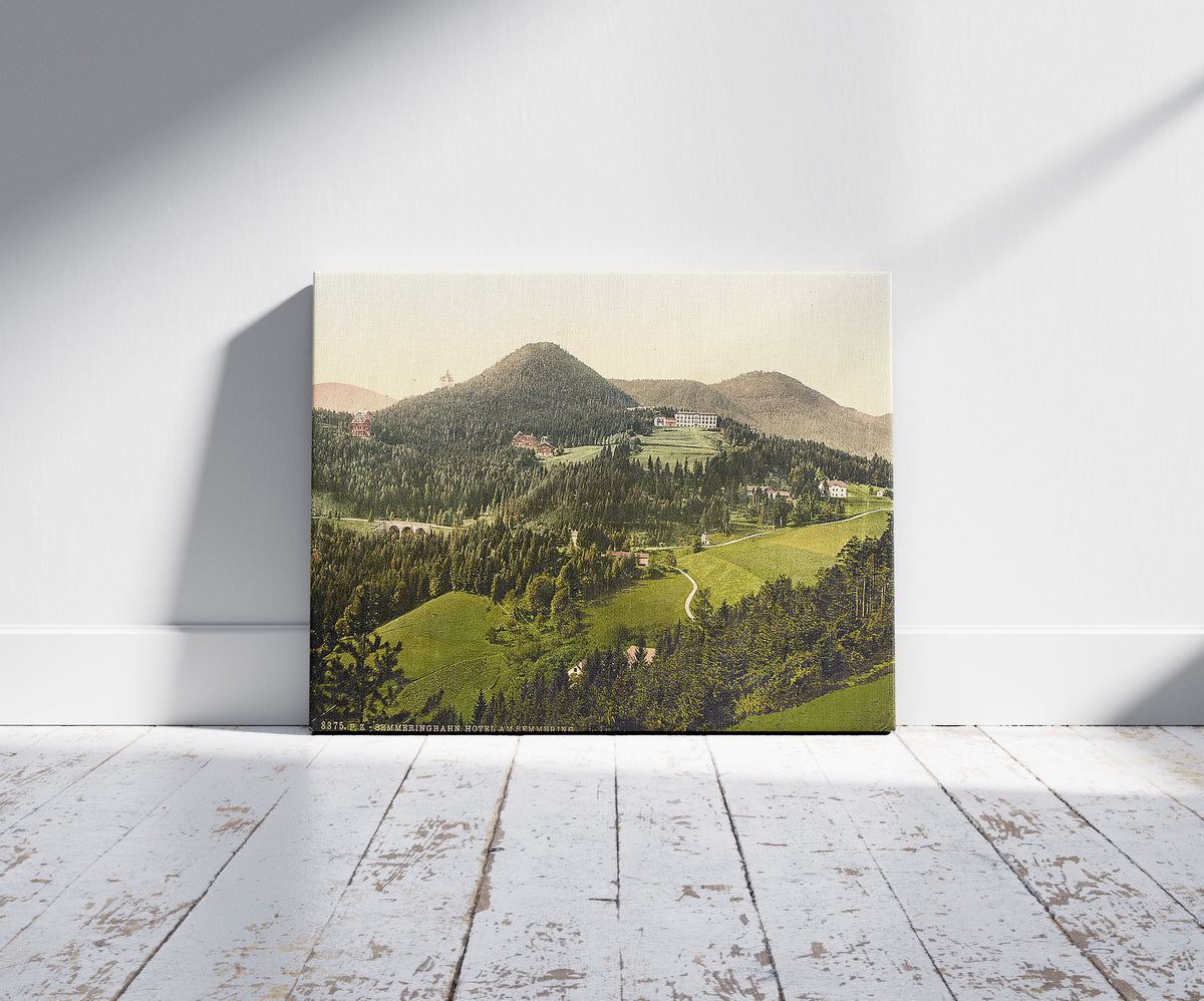 A picture of Semmering Railway, Hotel at Semmering, Styria, Austro-Hungary, a mockup of the print leaning against a wall