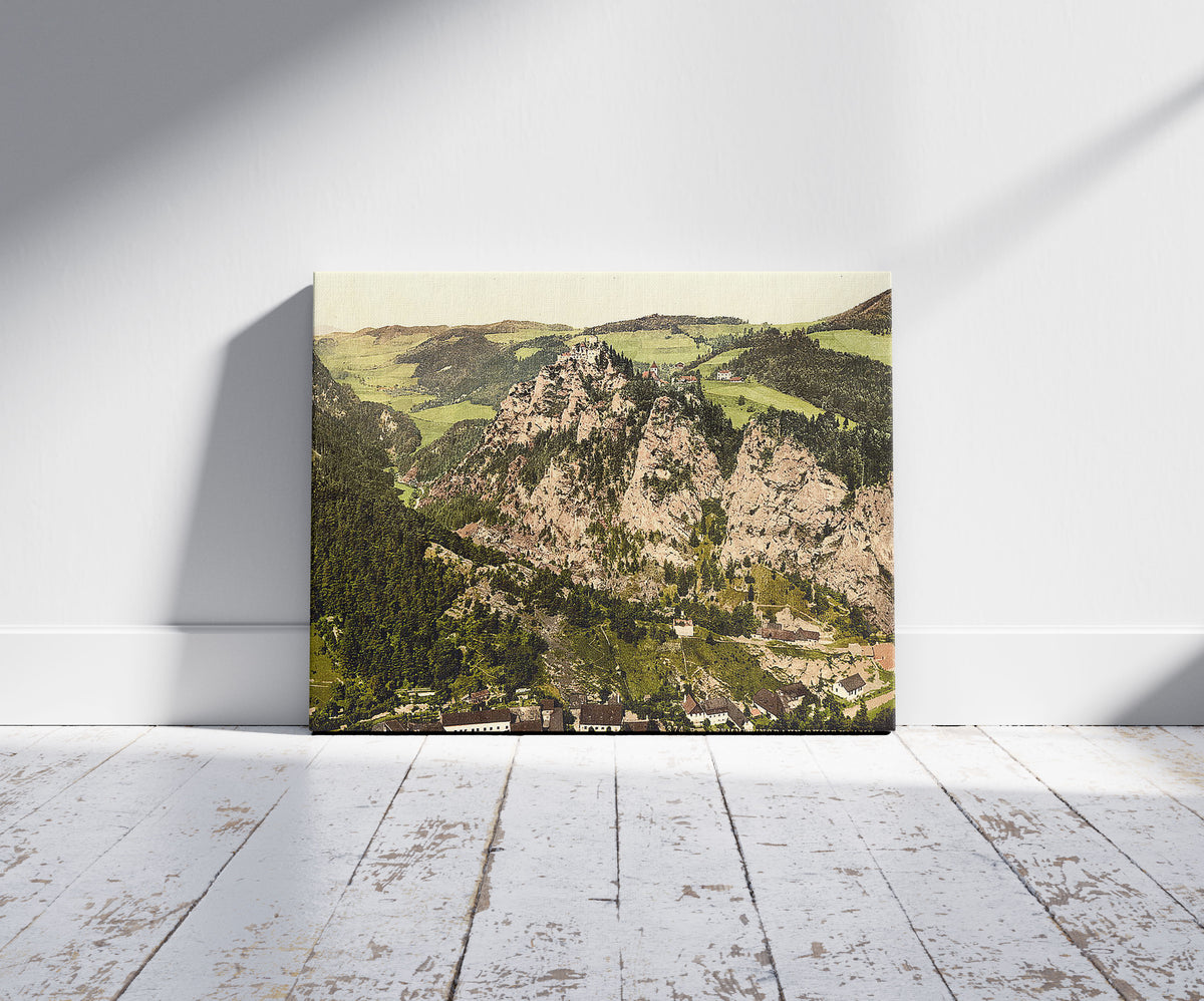 A picture of Semmering Railway, ruins of Klamm Castle, Styria, Austro-Hungary, a mockup of the print leaning against a wall