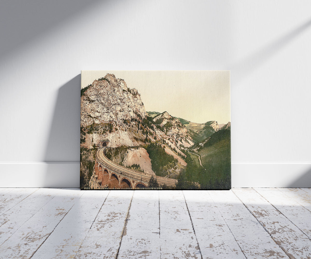 A picture of Semmering Railway, viaduct over the Kalte Rinne, Styria, Austro-Hungary, a mockup of the print leaning against a wall