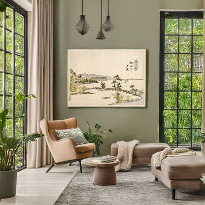 A picture of Seta no sekisho, a mockup of the print leaning against a wall
