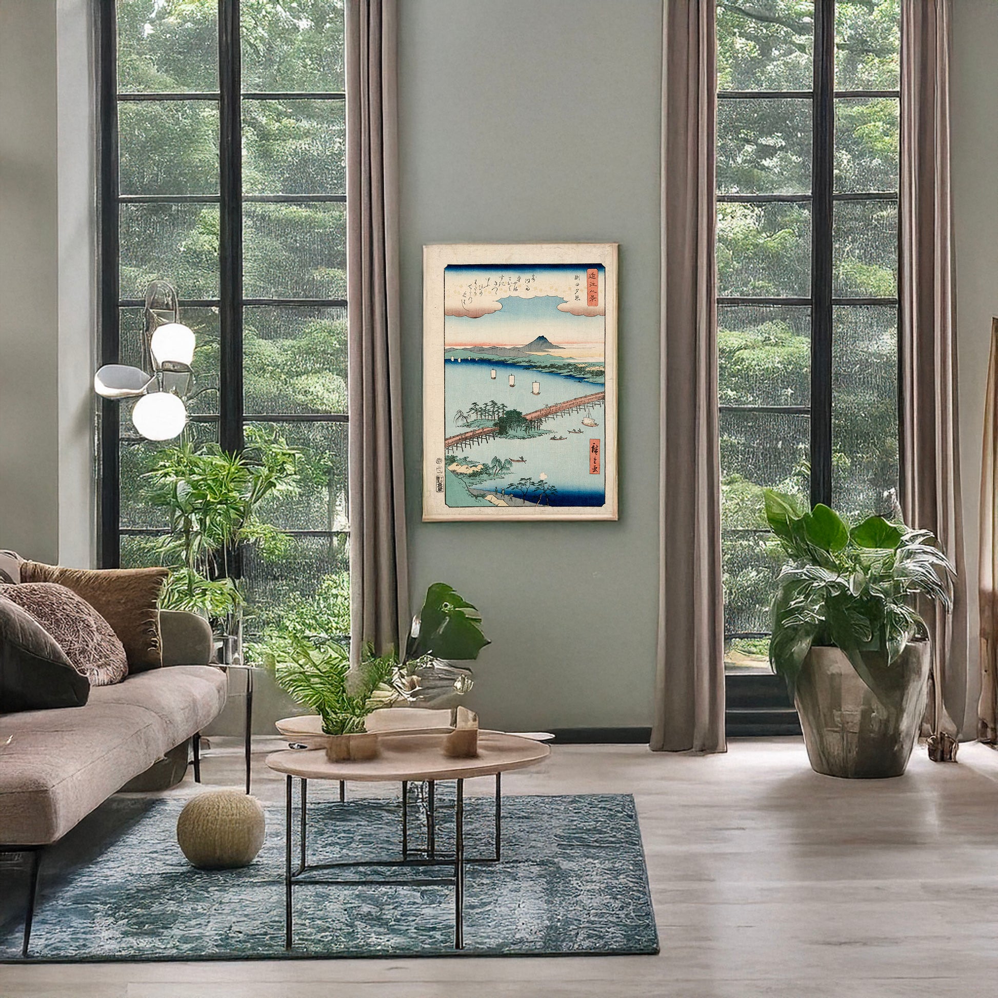 A picture of Seta no sekisho, a mockup of the print leaning against a wall