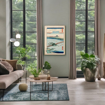 A picture of Seta no sekisho, a mockup of the print leaning against a wall