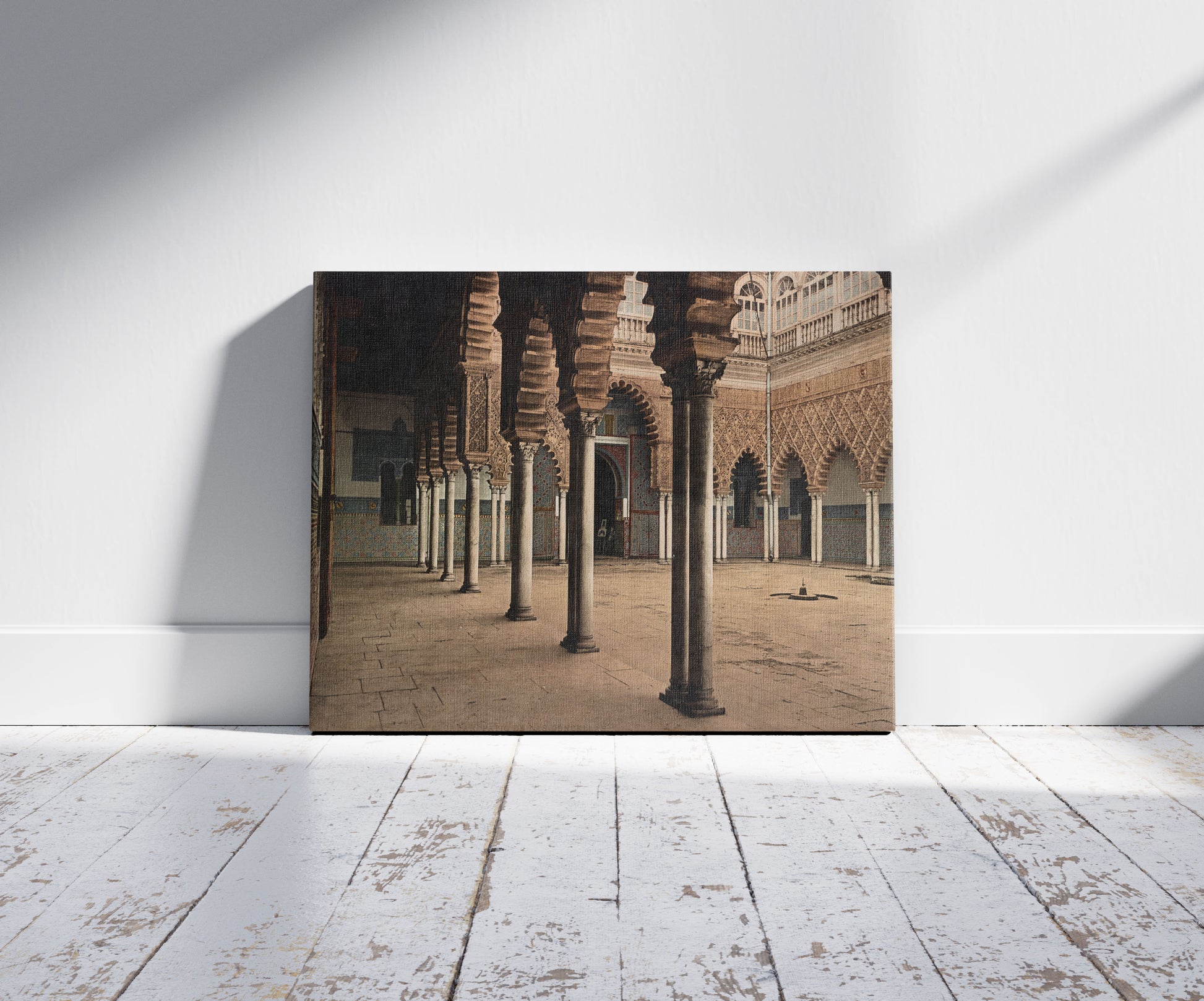 A picture of Sevilla. Alcázar. Patio de las Doncellas, a mockup of the print leaning against a wall