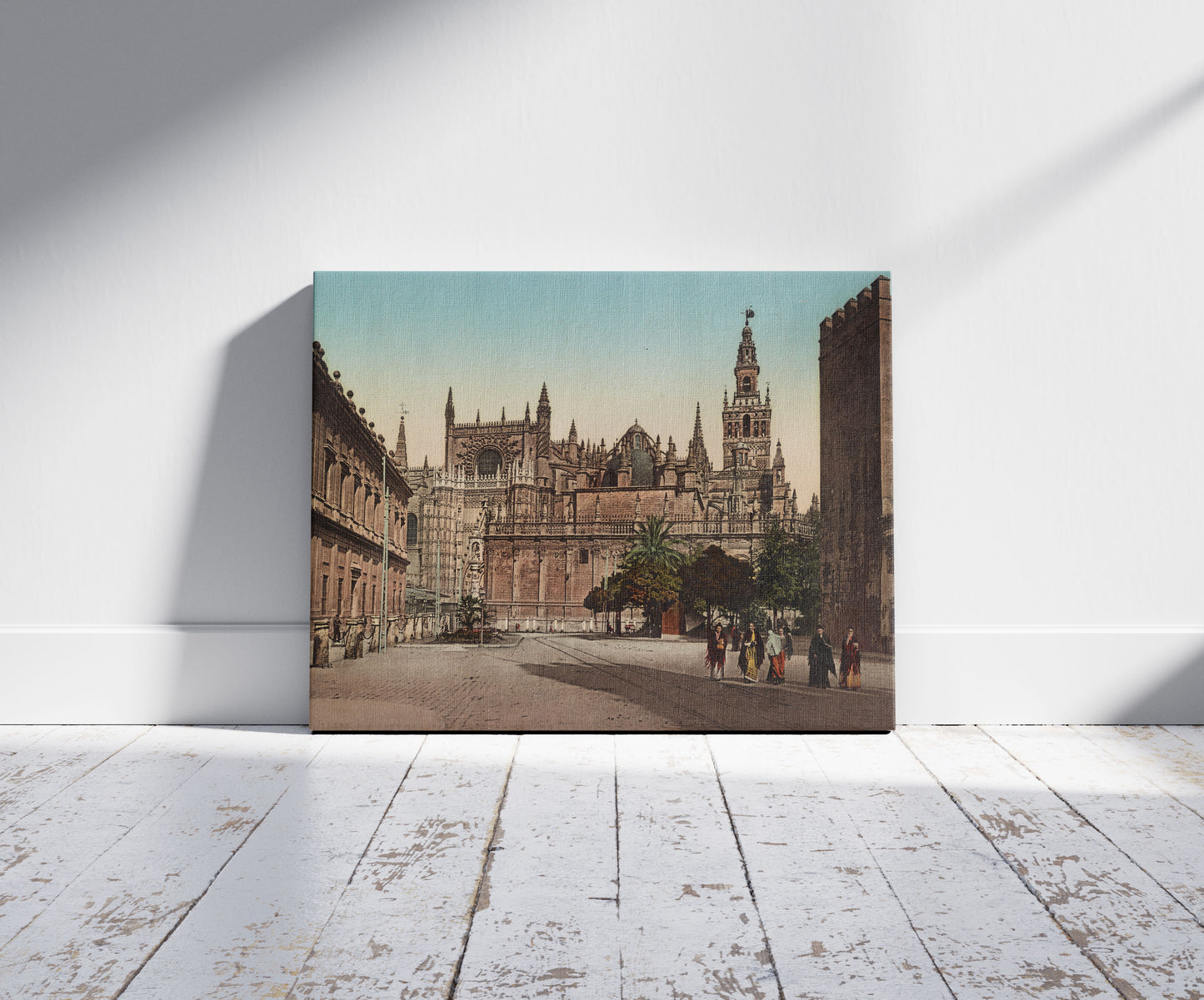 A picture of Sevilla. Plaza del Triunfo con la Catedral, a mockup of the print leaning against a wall