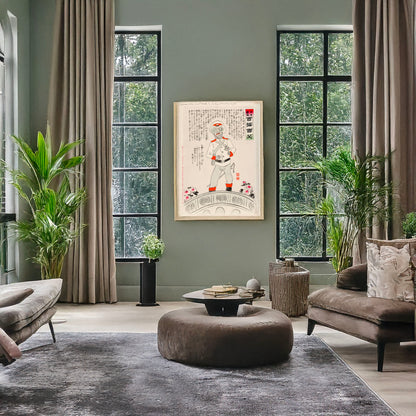 A picture of Shakkyō no shinikyōgen, a mockup of the print leaning against a wall